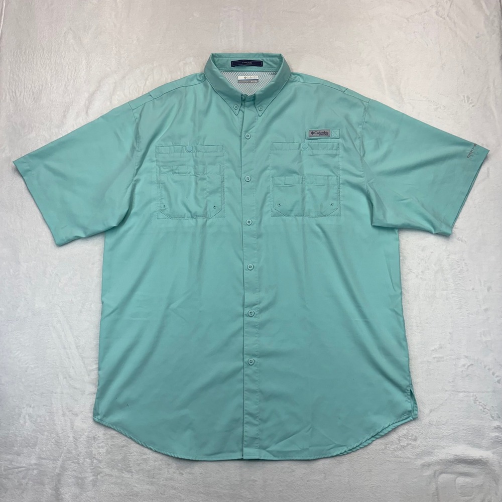 Columbia PFG Tamiami II Fishing Shirt Mens XLT Aqua Blue Short Sleeve